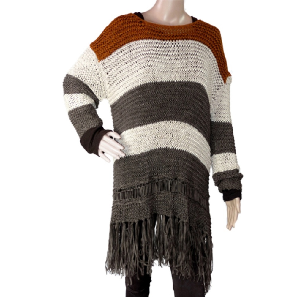 Entro Boho Colorblock Striped Fringe Sweater Size L Earthy Chunky Knit